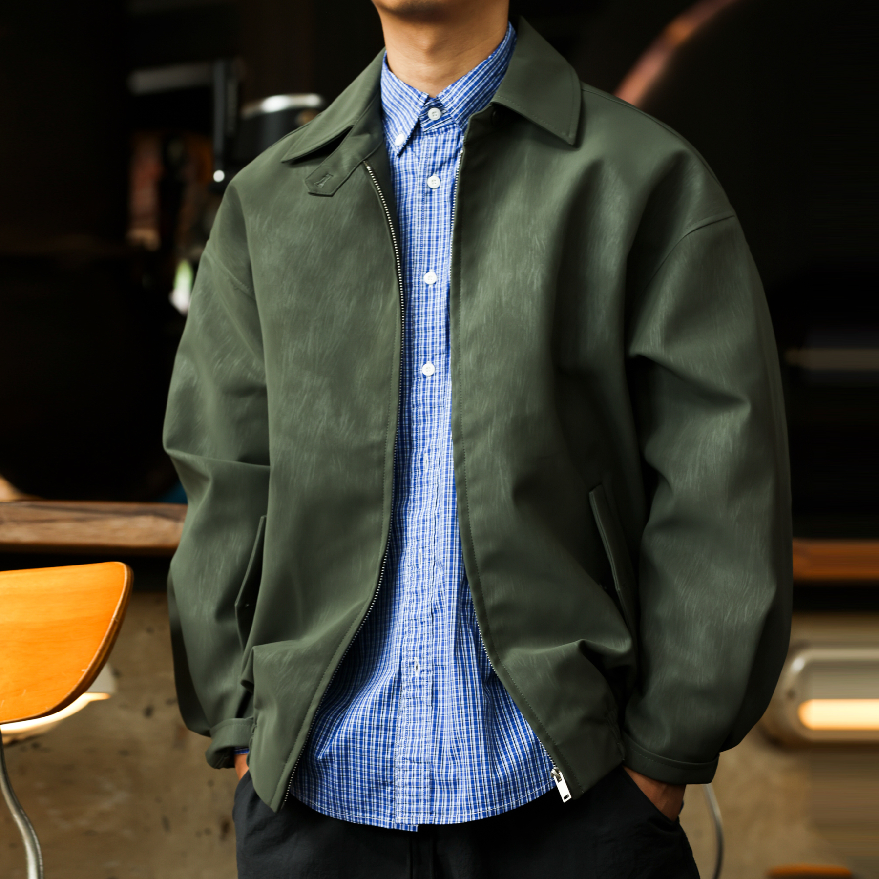 美式復古哈靈頓皮衣夾克男PU樹皮紋痞帥外搭翻領外套