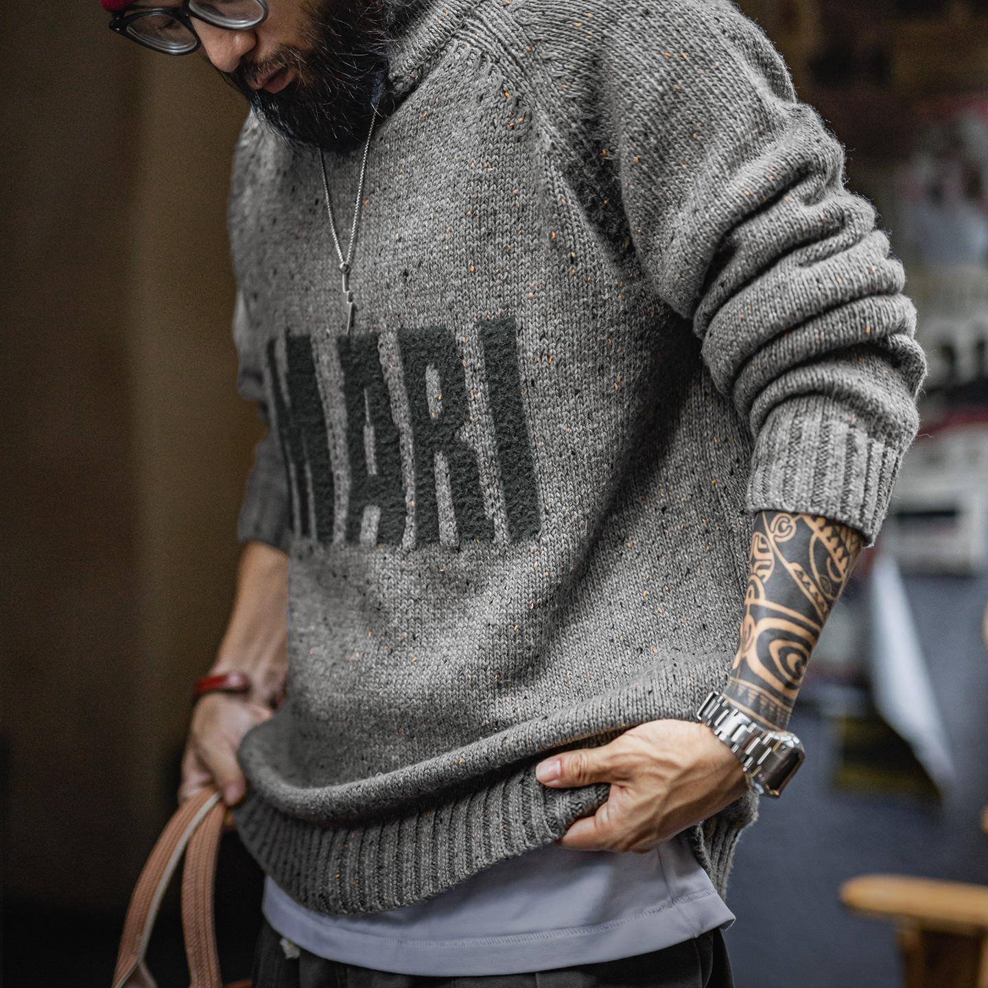 美式復古灰色提花毛衣立領垂感套頭針織衫保暖外套男秋冬