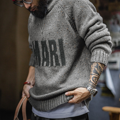 美式復古灰色提花毛衣立領垂感套頭針織衫保暖外套男秋冬