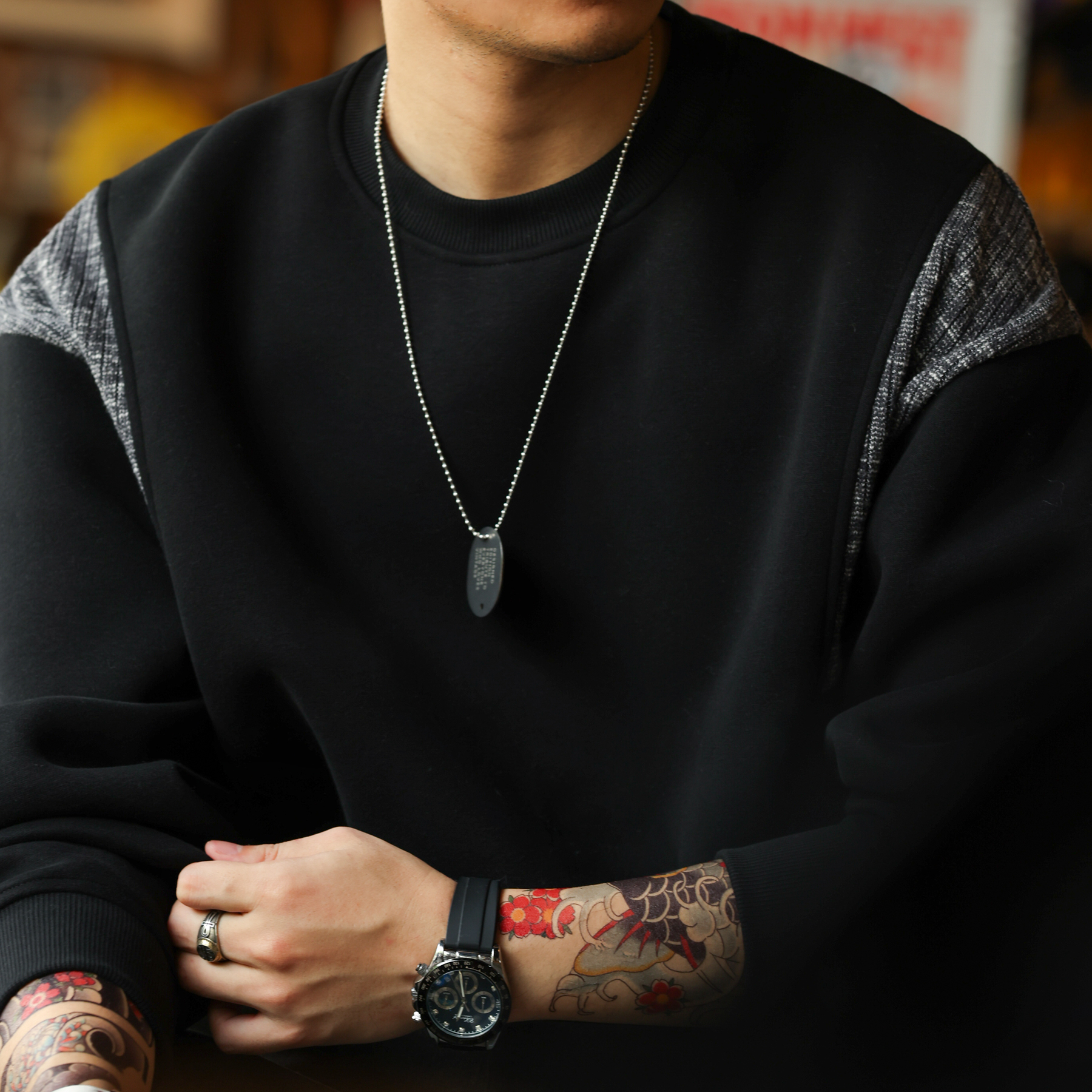 美式復古毛織拼接圓領衛衣男420g重磅設計感休閒上衣秋