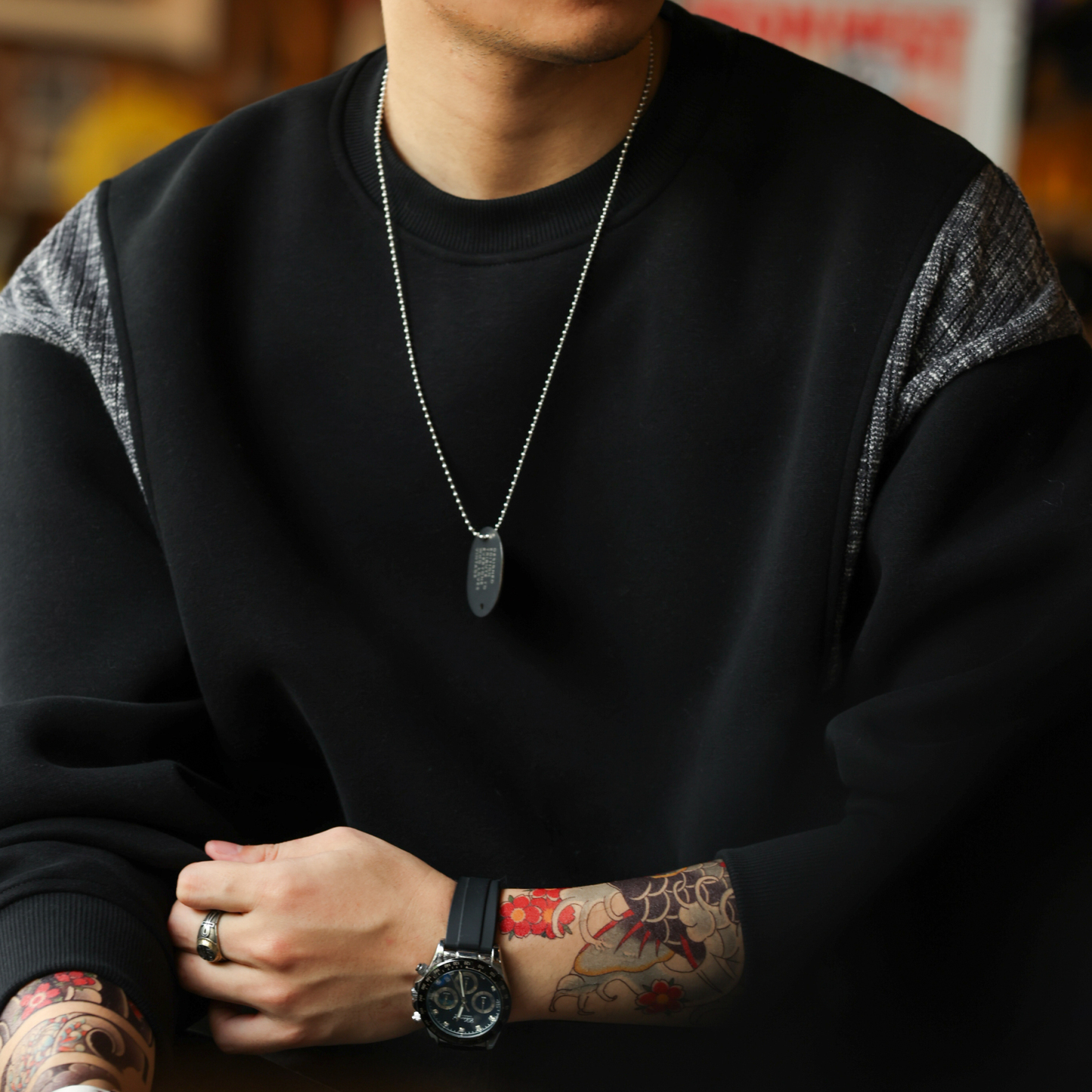 美式復古毛織拼接圓領衛衣男420g重磅設計感休閒上衣秋