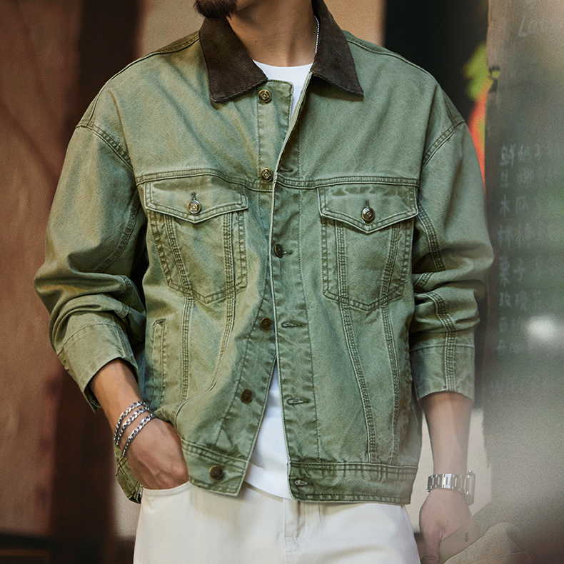底特律復古軍綠色水洗牛仔外套男2025秋季新款撞色翻領工裝夾克