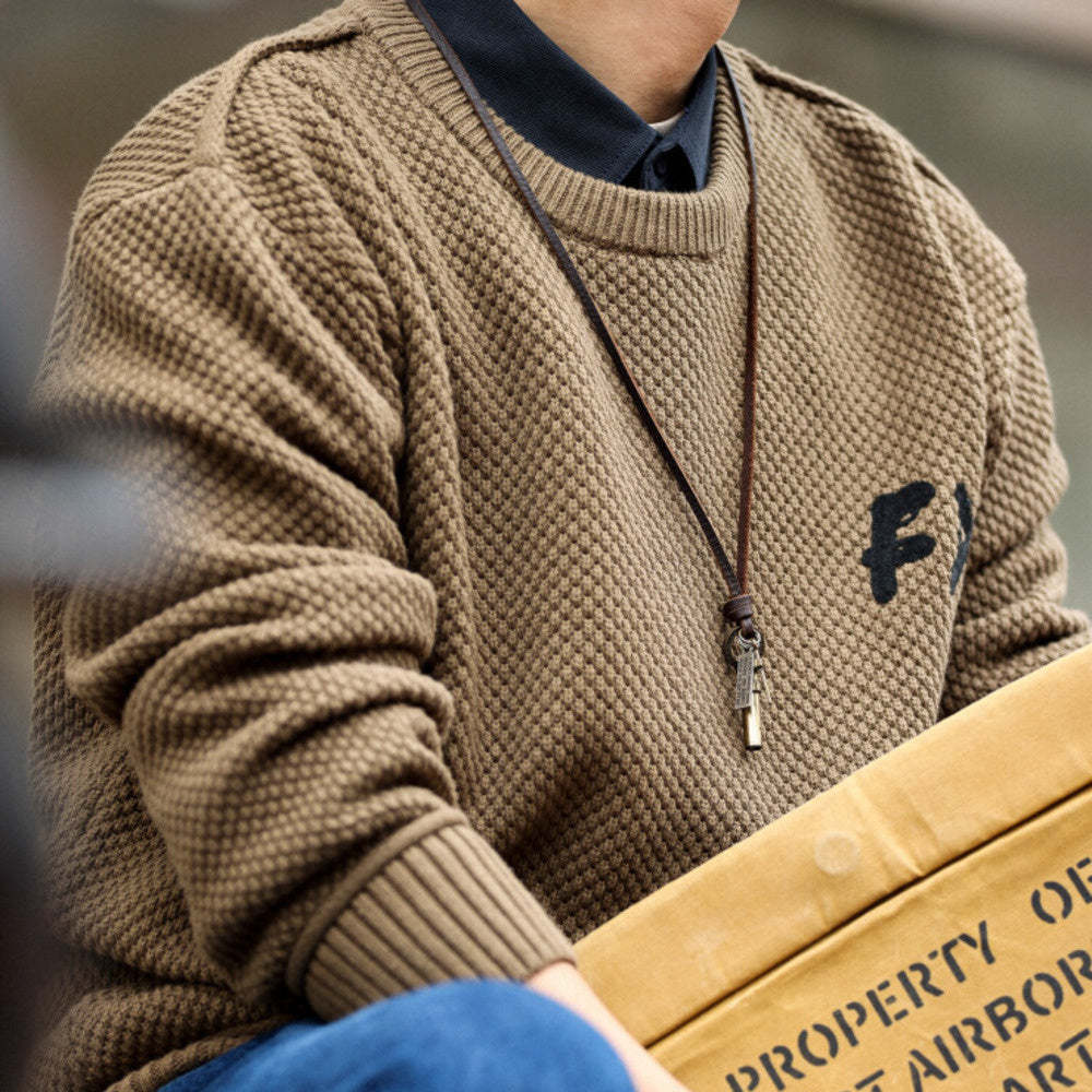 美式復古粗針線重磅毛衣男士圓領寬鬆慵懶風高級感針織衫冬-Retro's Wear