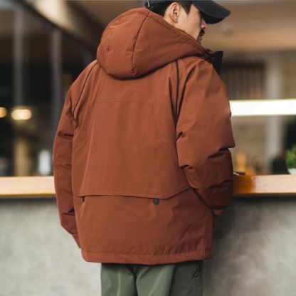 90白鴨絨磚紅色連帽羽絨服男2025冬季新款寬鬆保暖工裝衝鋒衣外套