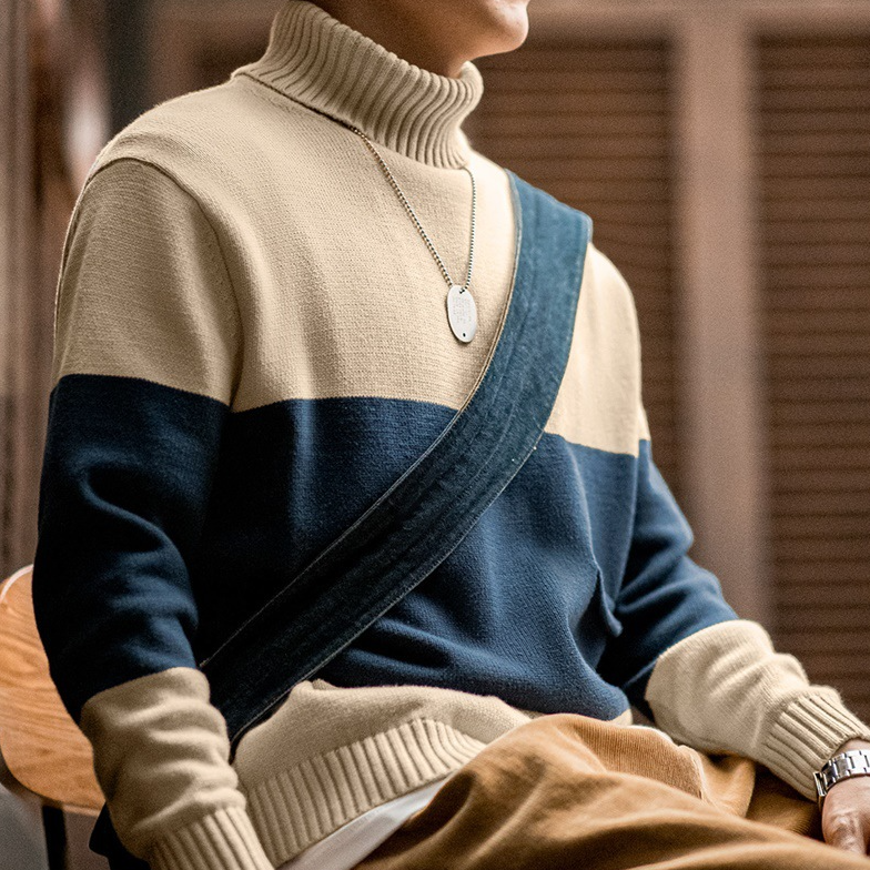 美式復古高領編織毛衣撞色條紋套頭保暖打底針織衫男秋冬-Retro's Wear