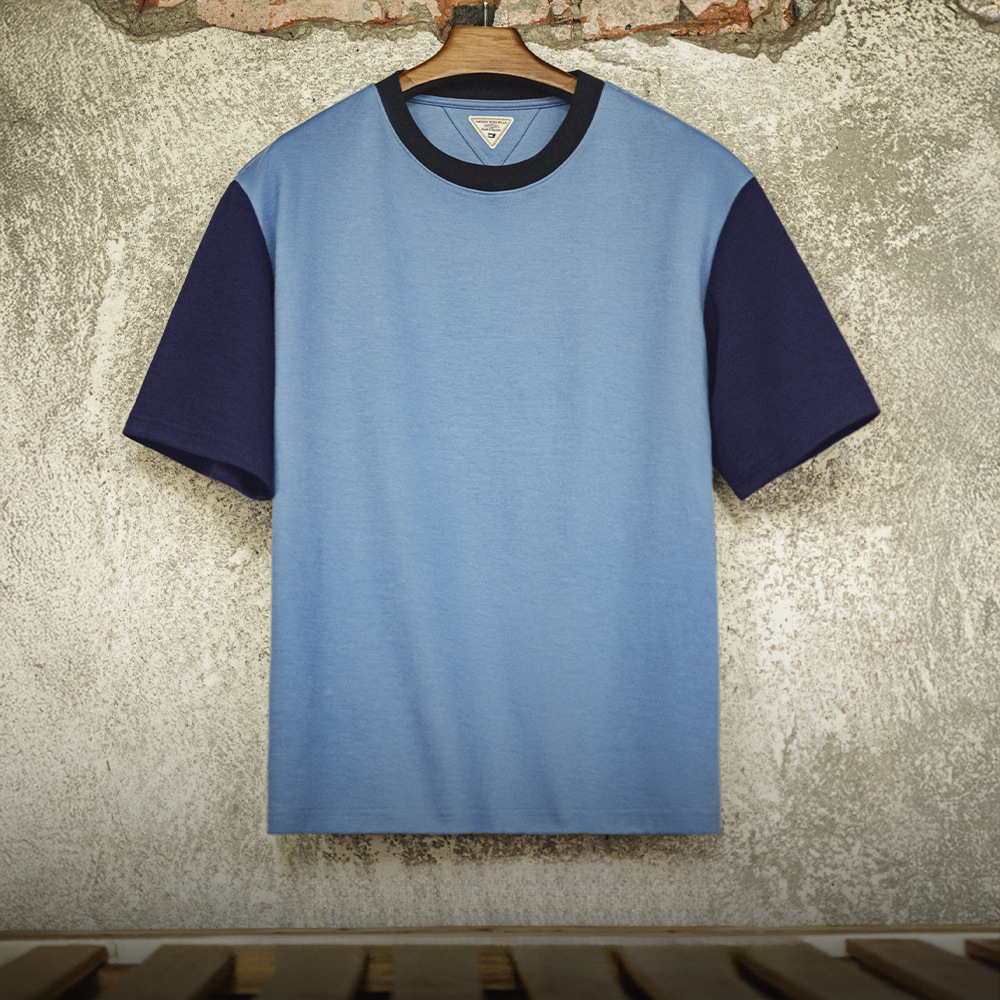 美式復古拼色T恤螺紋領口落肩袖寬鬆空氣層撞色短袖男夏