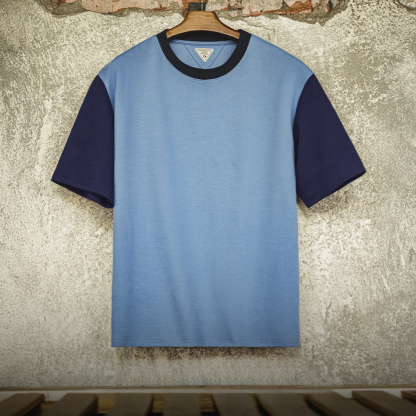 美式復古拼色T恤螺紋領口落肩袖寬鬆空氣層撞色短袖男夏