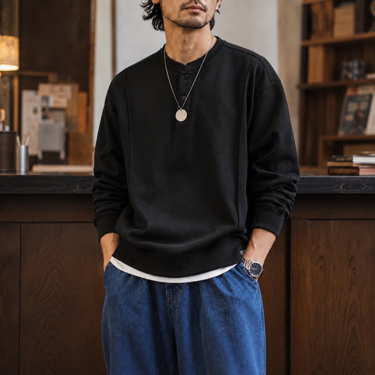秋季新款老錢風亨利衫男士半開襟鬆弛感打底衛衣外套