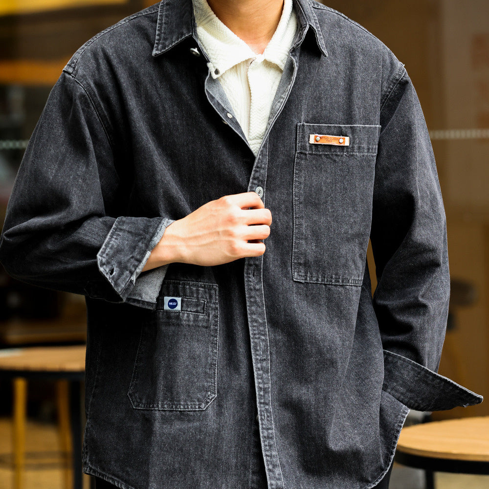 美式工裝長袖牛仔襯衫男寬鬆翻領百搭古著感休閒襯衣外套秋-Retro's Wear