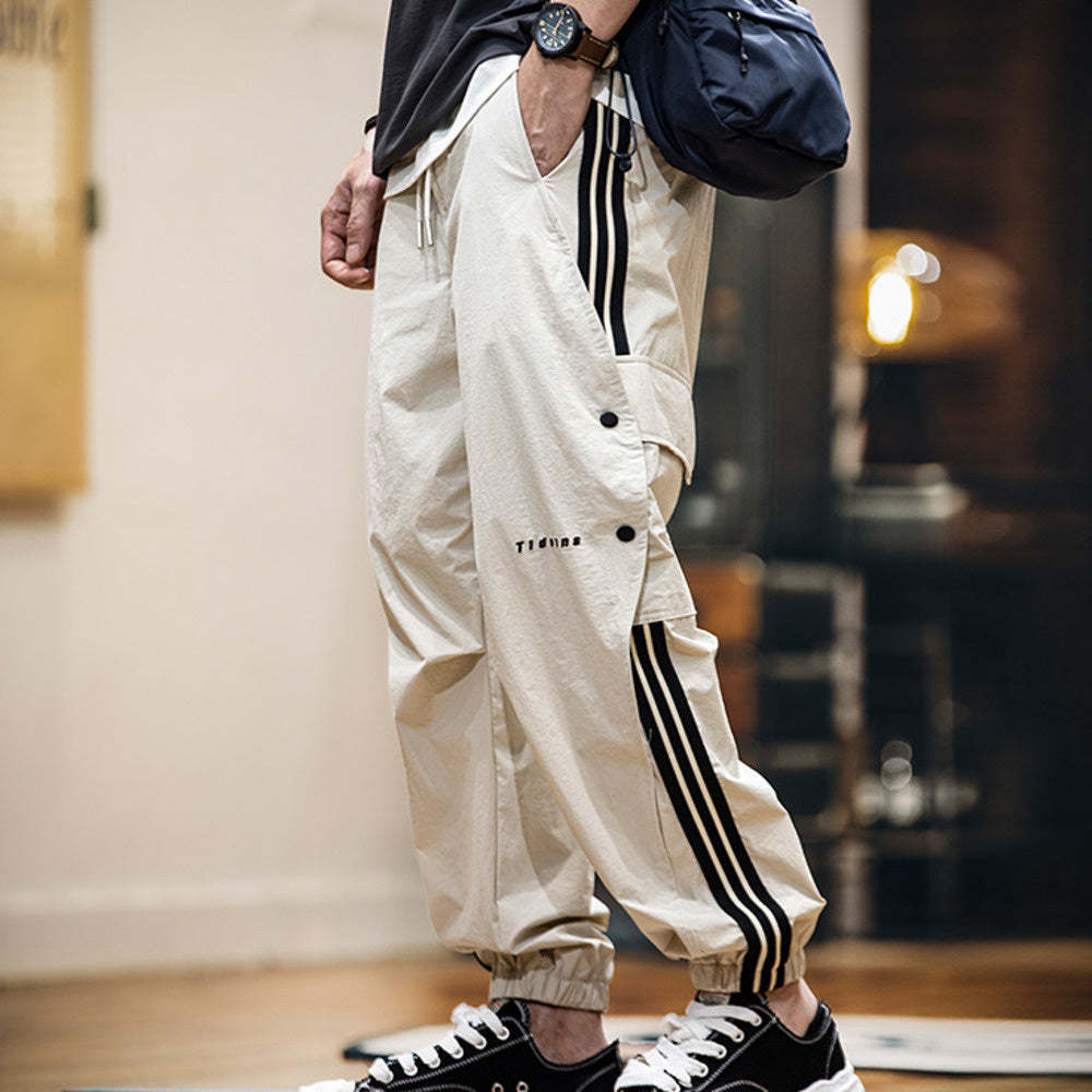 美式拼接條紋工裝束脚休閒褲男春夏2025新款彈力速幹運動褲子薄款