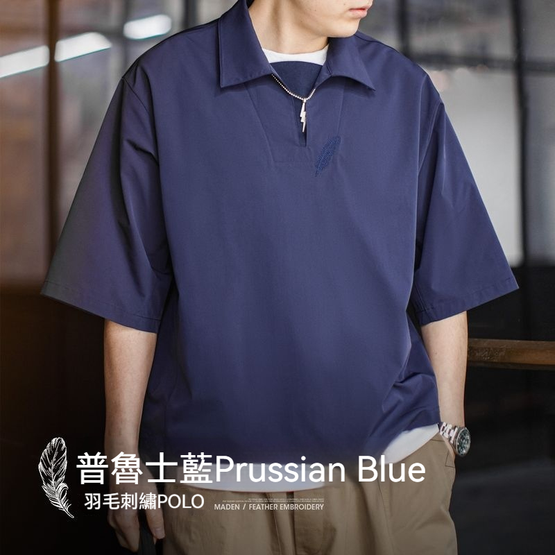 美式復古polo衫翻領短袖寬鬆上衣羽毛刺繡v領薄款t恤男夏