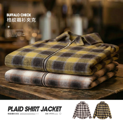 美式復古格子拉鍊襯衫翻領格紋純棉外套開衫長袖襯衣男春