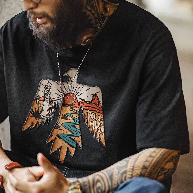 美式復古印第安雷鳥T恤棉重磅民族風刺繡印花短袖男夏季