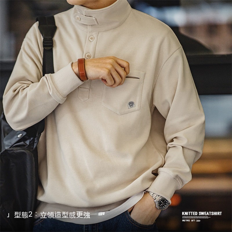 美式休閒半開襟立領衛衣慵懶風翻領針織Polo衫男春秋-Retro's Wear