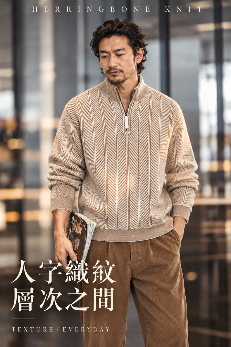 人字紋半拉鍊立領針織長袖上衣 · 02-hero