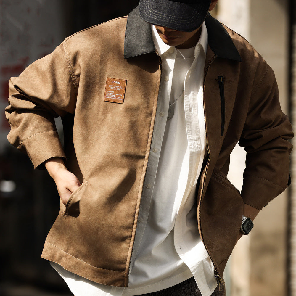 美式復古PU皮卡哈特夾克男質感痞帥廊型撞色翻領機車外套-Retro's Wear