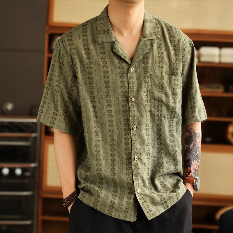 美式復古波西米亞短袖襯衣男夏威夷休閒度假古巴領襯衫