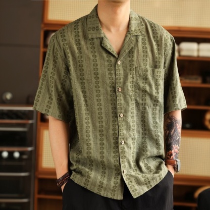 美式復古波西米亞短袖襯衣男夏威夷休閒度假古巴領襯衫