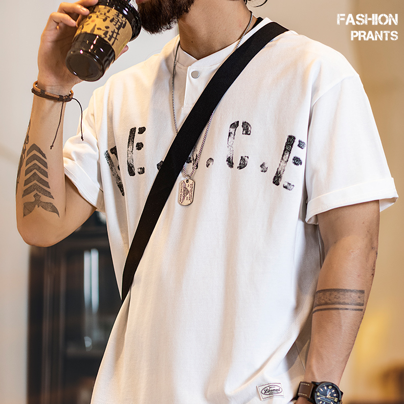 美式休閒印花短袖t恤男2025夏季新款亨利領polo衫微寬鬆純棉半袖