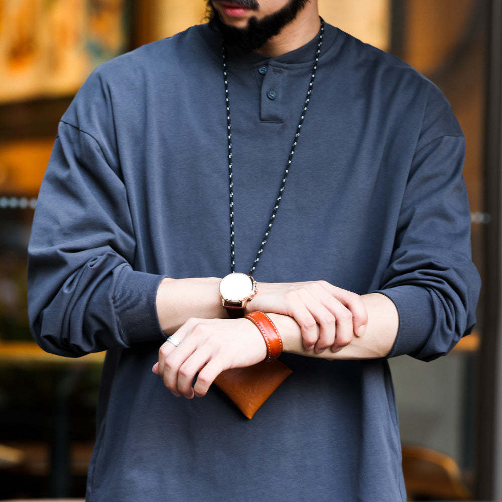 美式復古亨利領長袖T恤寬鬆休閒280g純棉側口袋深灰色打底衫-Retro's Wear