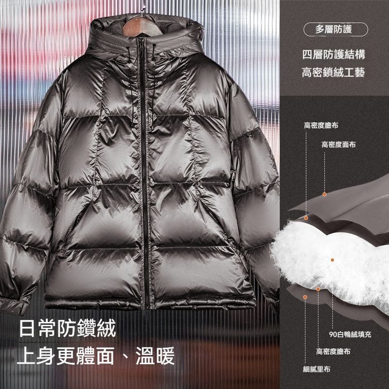 美式亮面連帽羽絨服90白鴨絨加厚保暖立領麵包服外套男冬-Retro's Wear