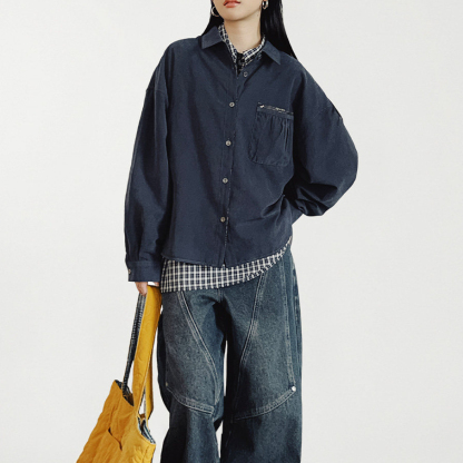 深藍純色美式復古桃皮絨翻領襯衫長袖上衣寬鬆外套襯衣女士春
