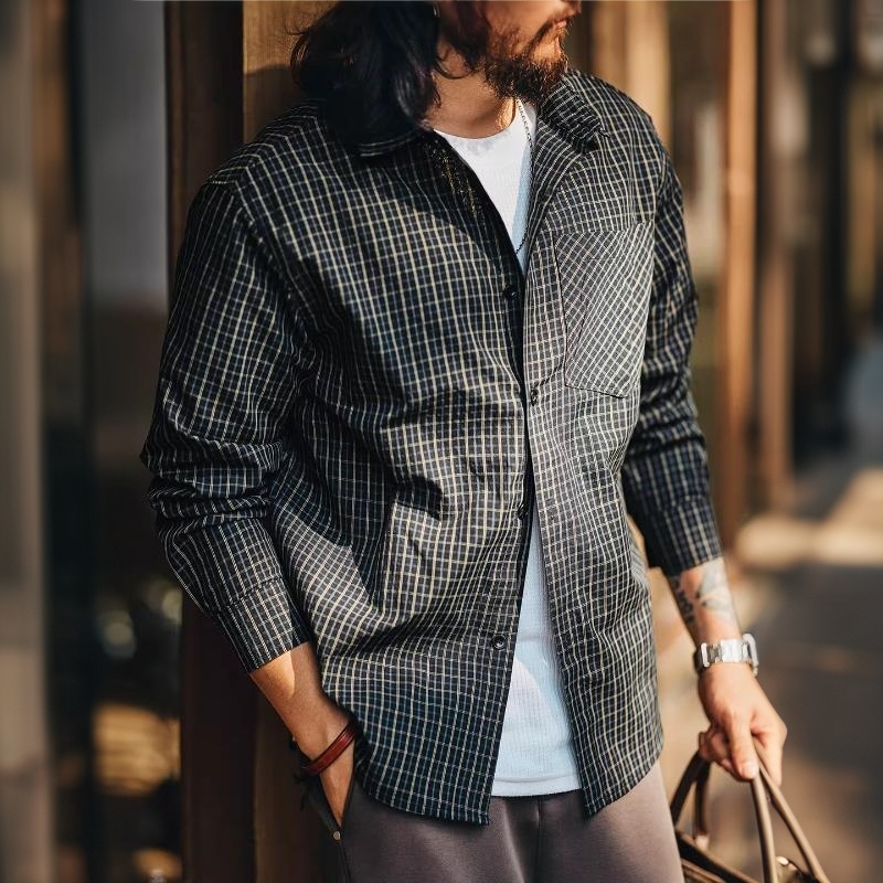 美式高街港風休閒格子襯衫男士2026春秋新款寬鬆襯衣外套男