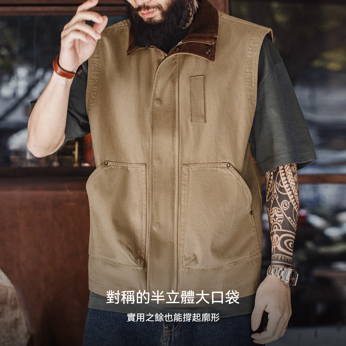 美式復古safari馬甲獵裝純棉卡其色燈芯絨背心外套男款春