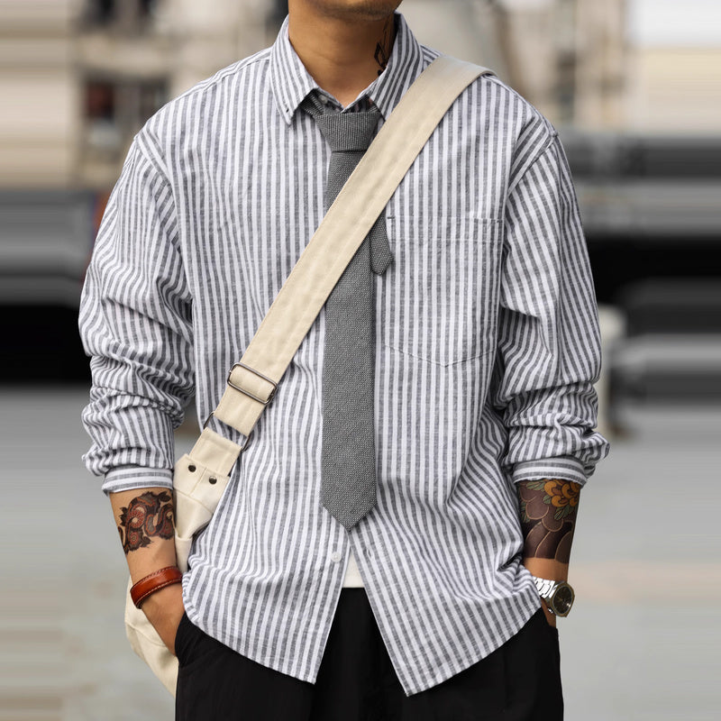 日系廊型長袖豎條紋襯衫160g輕量感疊穿慵懶風復古襯衣