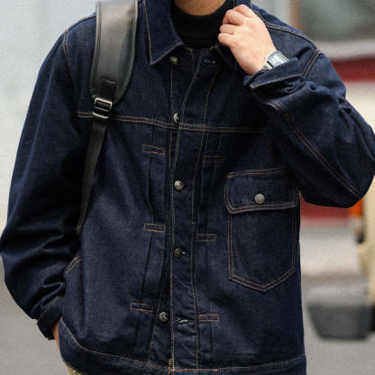 日系復古風暴騎士牛仔夾克男深藍色阿美哢嘰翻領輯明線外套-Retro's Wear