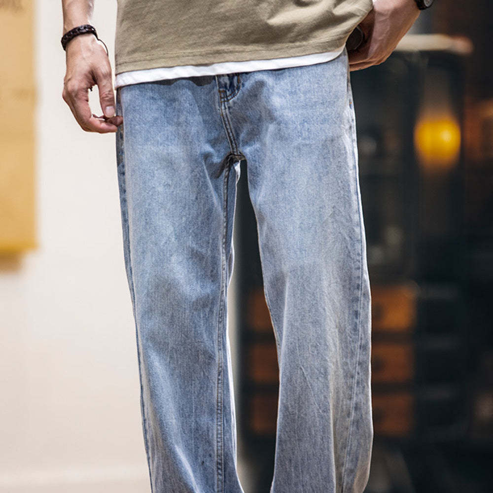 美式淺藍色復古牛仔褲男士春夏2025新款純棉水洗寬鬆直筒褲子男