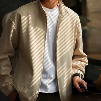 美式休閒斜紋肌理拉鍊立領夾克男落肩百搭寬鬆開衫外套