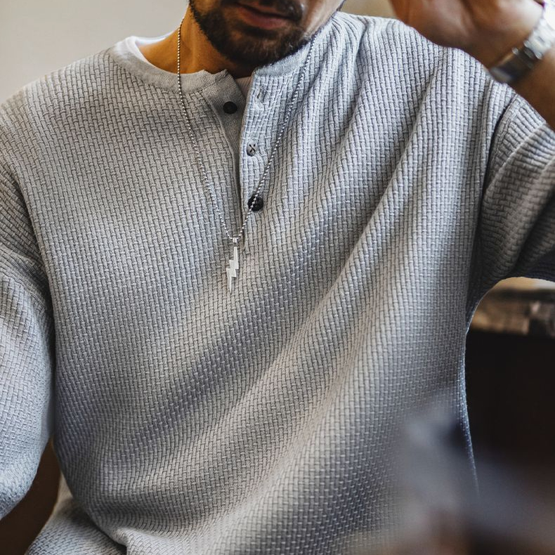 美式竹節紋亨利衫短袖老錢垂感針織灰色寬鬆半袖T恤男夏