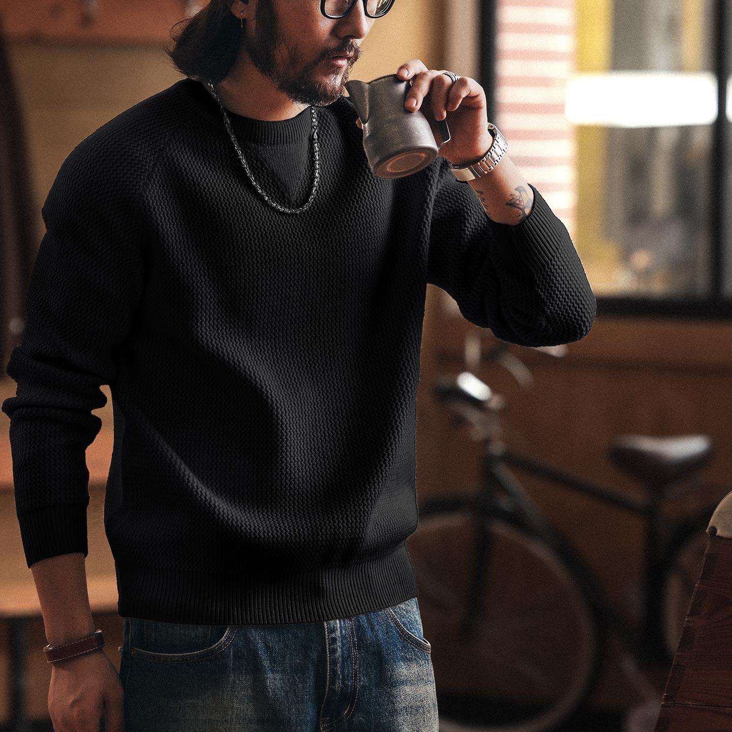 美式重磅7針粗線男士毛衣秋冬新款慵懶風針織打底衫男