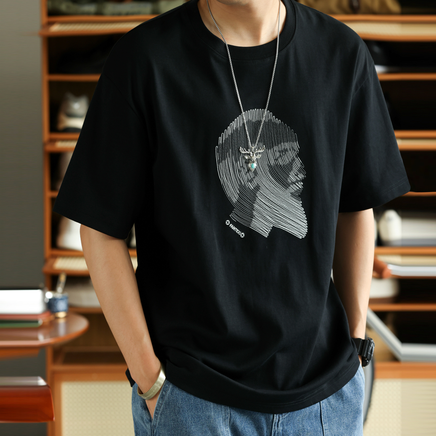 美式休閒人物線條刺繡短袖T恤男寬鬆250g棉混紡打底衫夏