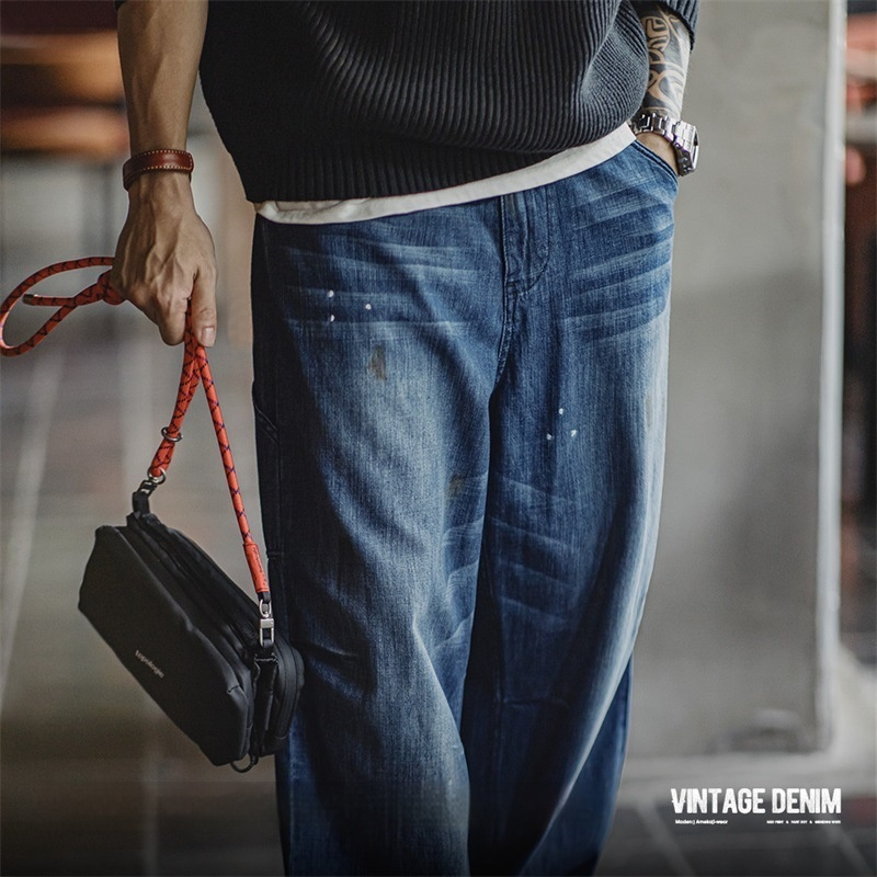 美式復古做舊磨白猫須牛仔褲寬鬆水洗丹寧潑墨直筒褲男秋-Retro's Wear