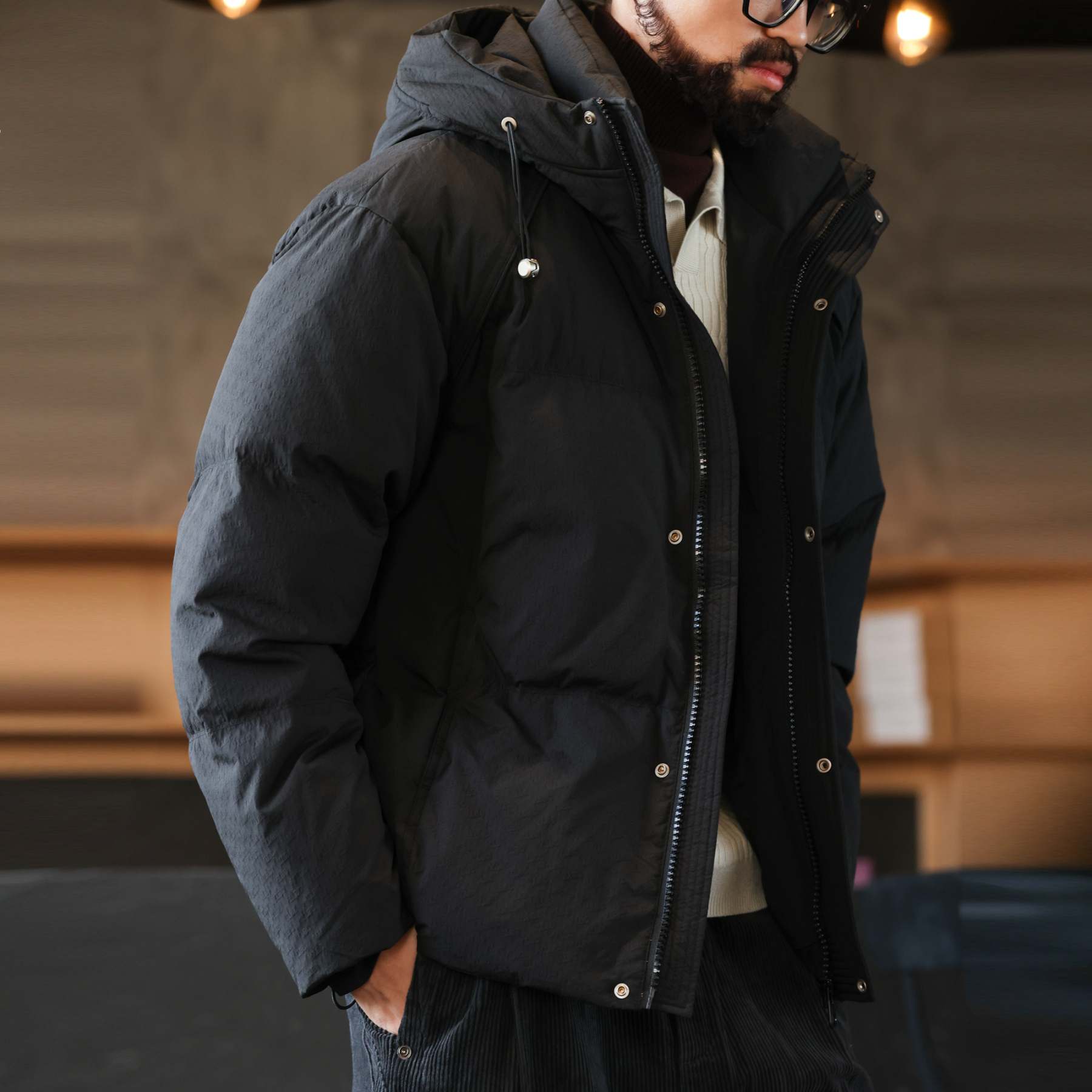 冬季泡泡肌理連帽羽絨服男美式復古90白鴨絨麵包服外套