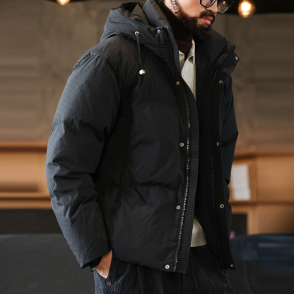 冬季泡泡肌理連帽羽絨服男美式復古90白鴨絨麵包服外套