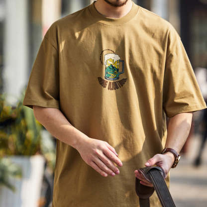 美式休閒230g水洗短袖T恤男寬鬆沙灘啤酒休閒圓領打底衫