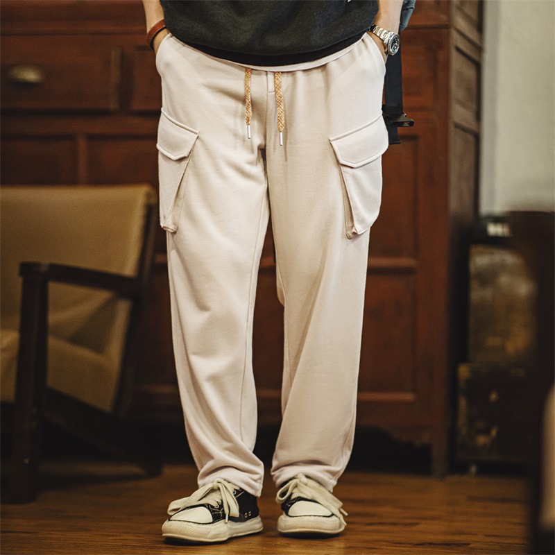 美式復古多口袋直筒衛褲鬆緊腰抽繩束脚運動休閒褲子男秋-Retro's Wear