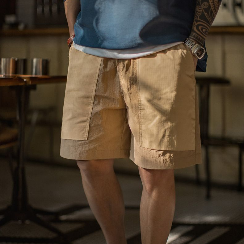 山系速幹卡其色短褲大口袋梭織直筒薄款沙灘五分褲男夏季