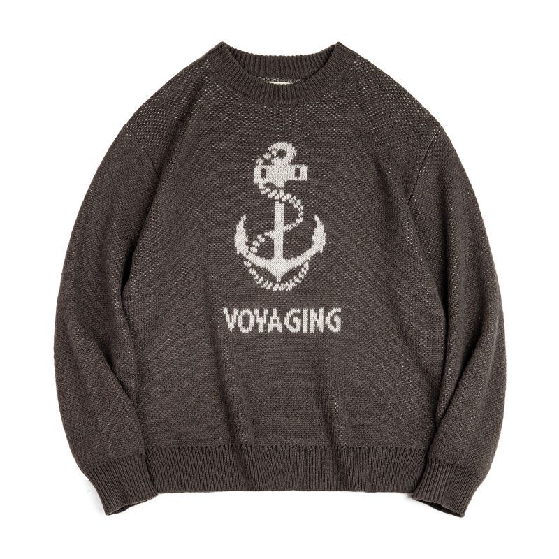 美式復古針織船錨提花毛衣vintage套頭圓領打底衫男秋冬-Retro's Wear