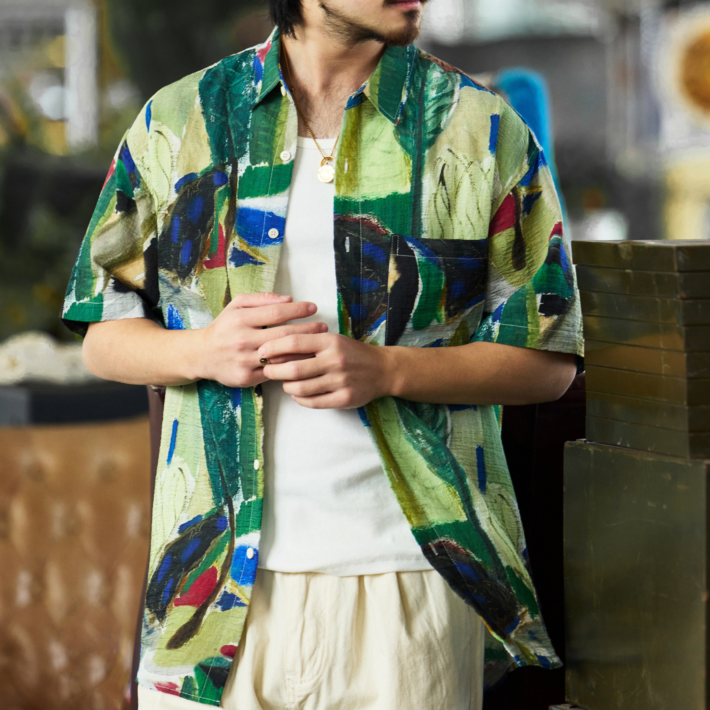 美式休閒110g夏威夷塗鴉花襯衫男夏日沙灘度假短袖襯衣