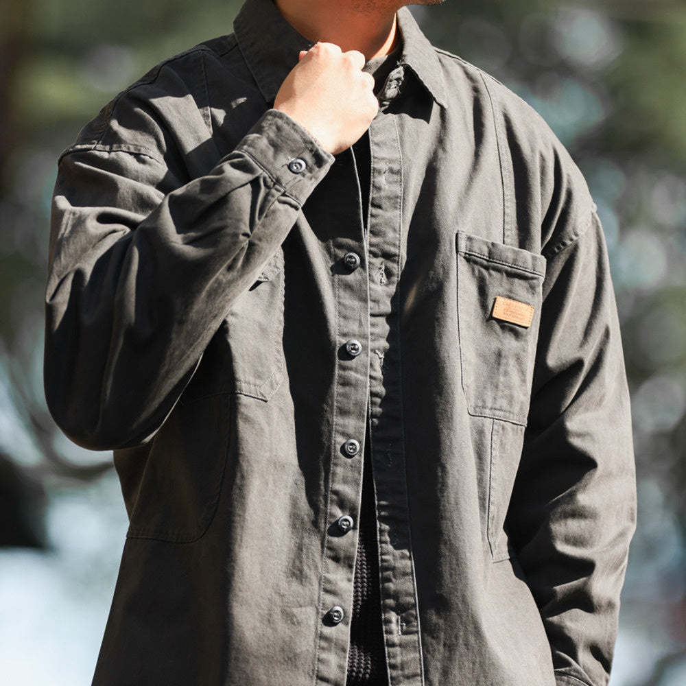 美式復古重磅工裝襯衫男拼介面袋疊穿戶外硬漢獵裝夾克外套-Retro's Wear