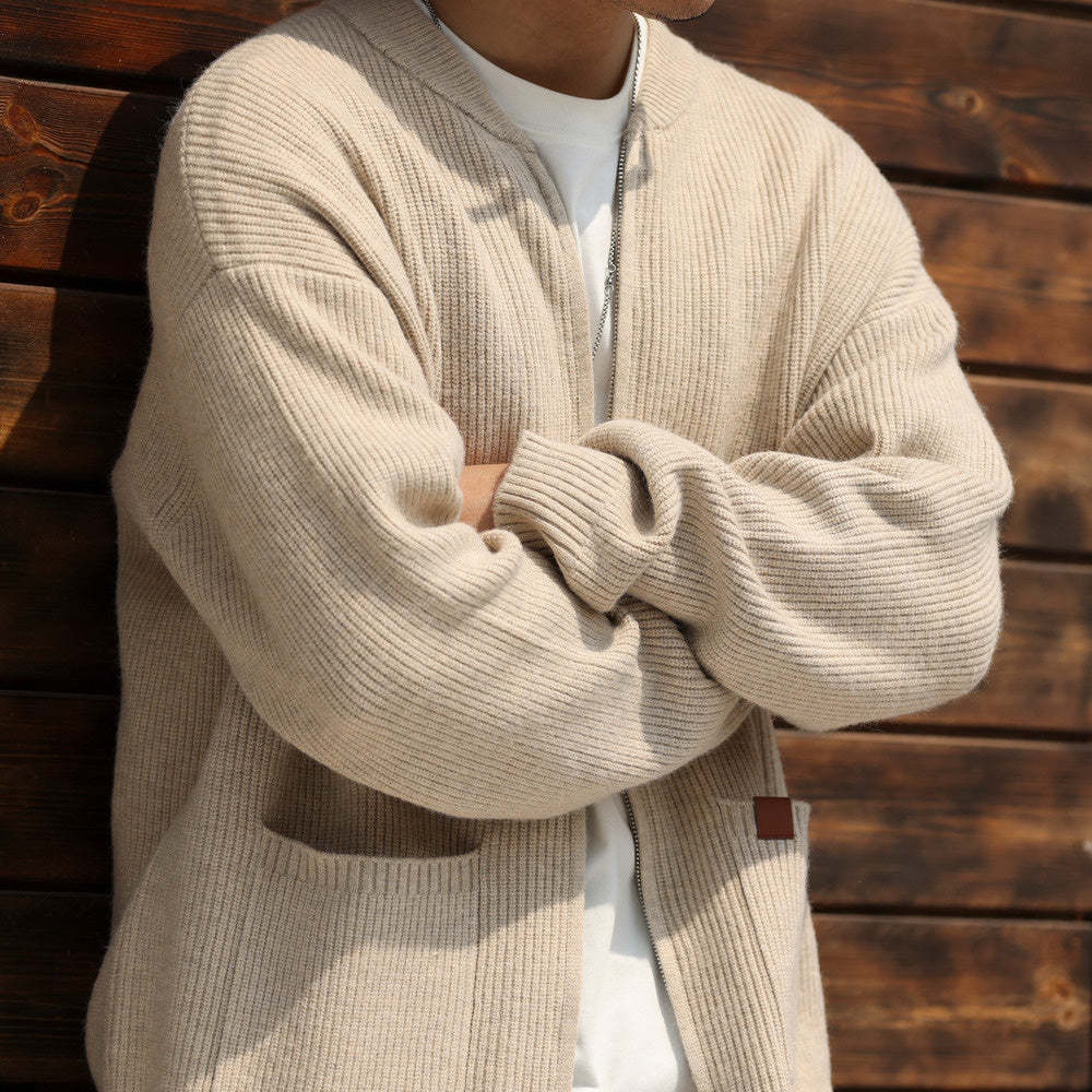 美式休閒680g重磅拉鍊開衫毛衣男7針粗線復古針織外套冬-Retro's Wear