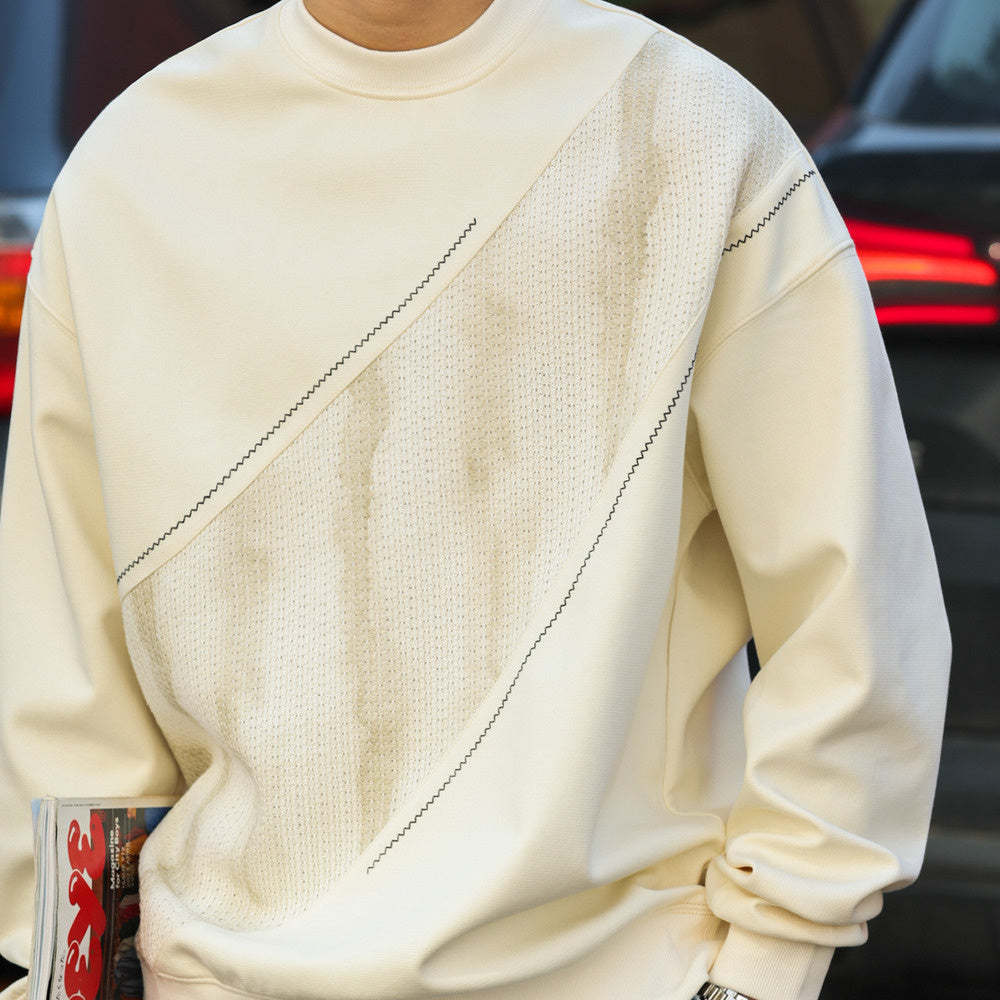 美式輕奢休閒感拼接圓領衛衣男340g撞色明線套頭針織衫