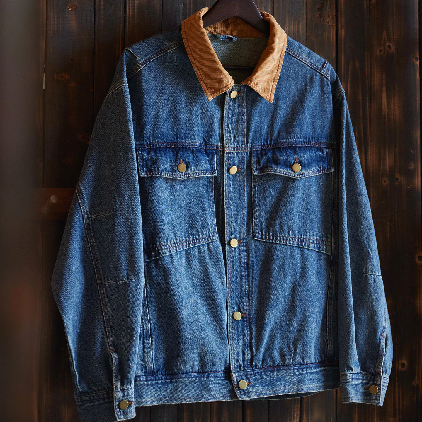 復古撞色燈芯絨翻領牛仔夾克男2025秋季新款寬鬆工裝休閒外套