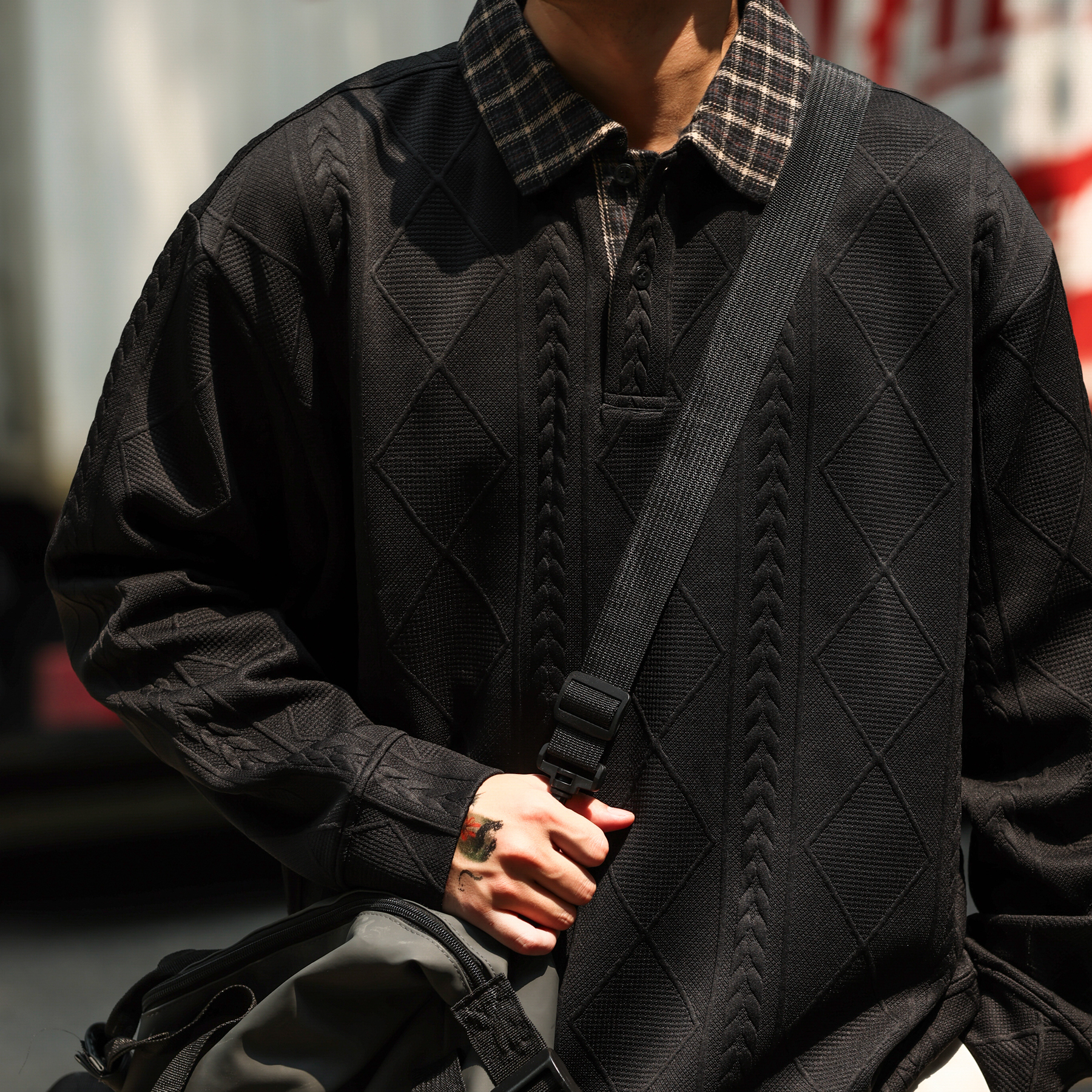 美式休閒針織提花肌理感衛衣男撞色格子翻領長袖POLO衫