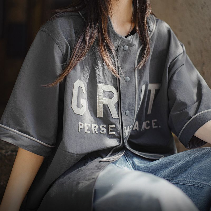 夏日美式休閒oversize棒球服半開襟襯衫日系灰色薄款襯衣女