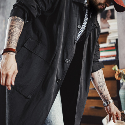 美式黑色巴爾瑪肯風衣翻領中長款日系通勤大衣外套男秋